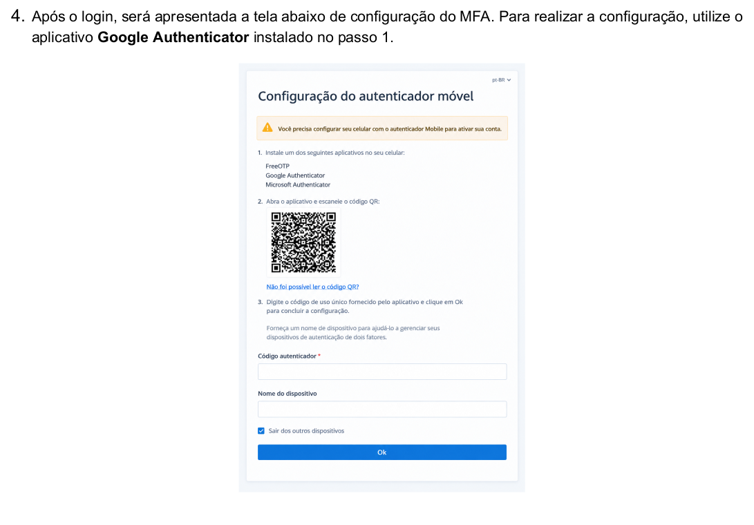 Tela de configuração do autenticador móvel com QR Code no Facilita